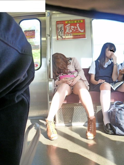 【電車内盗撮エロ画像】駅についても降りられない…対面の女性が降りるまでは！！まる見えの股間から目が離せない電車内ｗｗｗ その1